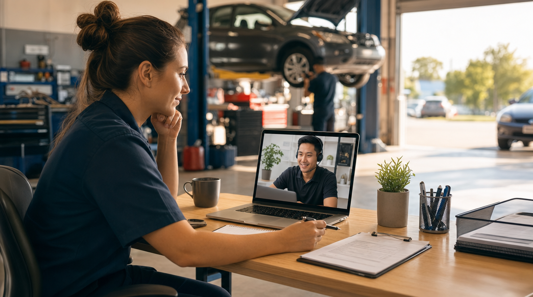 Auto repair shop service advisor at a desk reviewing a follow-up checklist on a laptop, warm workshop lighting in the background