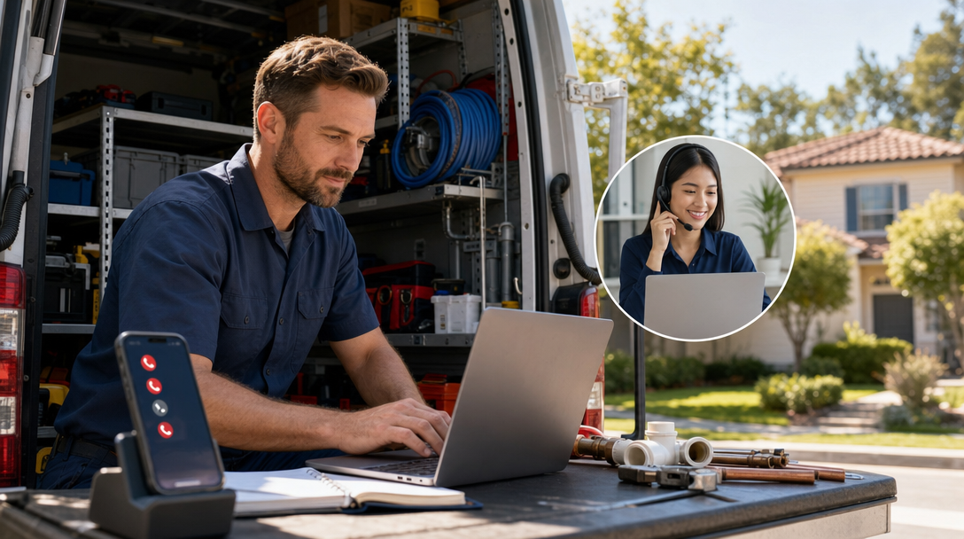 A plumbing business owner reviewing a schedule on a laptop at a service truck, with a phone showing missed call notifications — illustrating how a virtual assistant can help manage plumbing business admin tasks